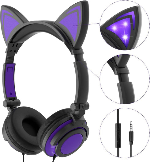 Kids Headphones with light up cat ears On Ear LED Kitty Headphones with Mic for Kids Boys Girls Children Wired Headset for School Learning Tablet ...
