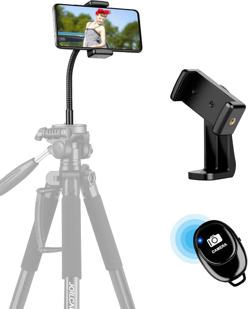 Phone Tripod Mount Adapter with Adjustable Gooseneck and Remote, Flexible Arm Universal Cell Phone Holder Compatible with iPhone Android Phones fo...