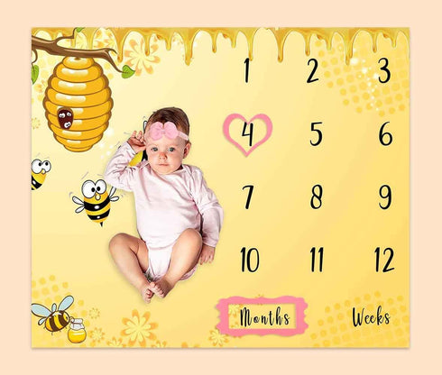 Baby Age Milestone Blanket, Bee Honeycomb Blanket for Nursery, Baby 1-12 Months Growth Chart, includes 4 Frame and 1 Headband 47"x40" BTQQPH33...