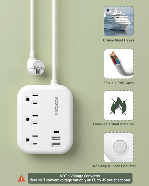European Travel Plug Adapter with USB C, ROOTOMA Outlet Converter US to Europe 3 Outlets 3 USB Ports, International Power Strip for EU Spain Franc...
