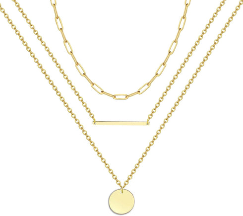 Harlorki Dainty Simple 14K Gold Plated Layered Paperclip Chain Choker Bar Round Disk Pendant Necklace Fashion Jewelry Gift for Women Lady...