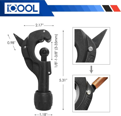 ICOOL Tubing Cutter 1/8 to 1-3/8 Inch (3-35mm) (Matte Surface) with Extra Blade and Reamer for Copper, Brass, Aluminum, Mild Steel Pipes, PVC, Thi...