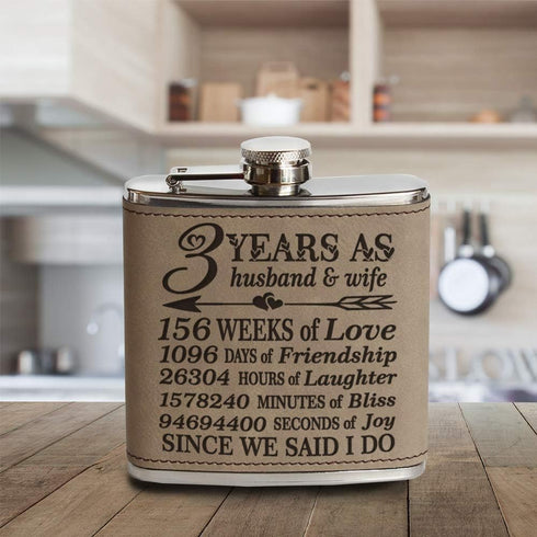 Bella Busta-3 Years as a husband and wife-Years,Weeks, Days, Hours, Minutes, Seconds Engraved Light Brown Leatherette Stainless Steel Flask-3 year...