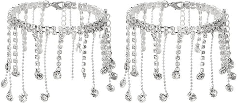 ELABEST Boho Rhinestone Ankle Bracelet Silver Drop Tassel Crystal Dangle Anklet Bracelets High-heeled Trendy Anklet Tennis Foot Chain Nightclub Pa...