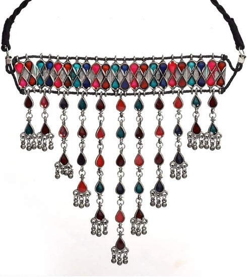 Indian Antique Silver Oxidized Fashion Bollywood Ethnic Mirror Boho Gypsy Banjara Tribal Statement Choker Thread Necklace Jewelry...
