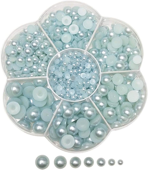 Chenkou Craft Random 1900pcs Assorted 7 Sizes(3/4/5/6/7/8/10mm) Blue Imitation Half Pearl Bead Flat Back Gem Scrapbook Craft DIY Loose Beads + Pla...