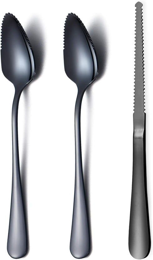 Black Grapefruit Spoons 3 Pieces Set, 2 Stainless Steel Grapefruit Spoon And 1 Grapefruit knife With Titanium Plating, Grapefruit Utensil Set, Ser...