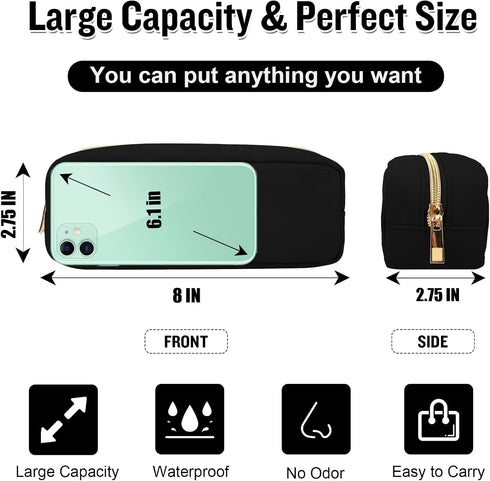 Nylon Small Makeup Bag Slim Pouch, Preppy Cute Makeup Brush Bag Black Makeup Bag Cosmetic Zipper Pouch for Purse, Waterproof Travel Toiletry Bag C...