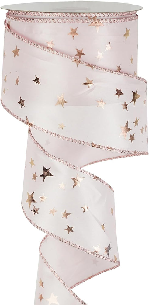 MEEDEE Star Wired Ribbon 2.5 Inch Rose Gold Star Ribbon Pink Ribbon with Stars Satin Wired Ribbon 25 Yards Roll Pink Wedding Ribbon Star Christmas...
