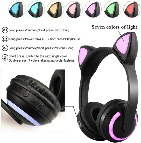 Wireless Bluetooth Cat Ear Headphones with Mic 7 Colors LED Light Flashing Glowing On-Ear Stereo Headset Compatible with Smartphones PC Tablet...