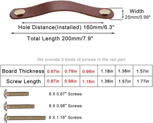 yusheng 4 Pack 200mm Lengthened Soft Genuine Leather Drawer Pulls Handle,Wardrobe Cabinets Kitchen Closet Knobs Door Pulls Handles knobs with Scre...