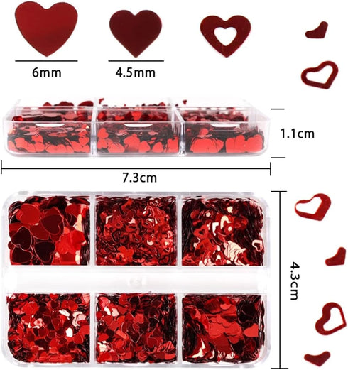 6 Grids Heart Nail Sequins 3D Holographic Nail Glitter Flakes Acrylic Nail Art Supplies Red Love Hearts Shaped Nail Glitter Sequins Valentine's Da...