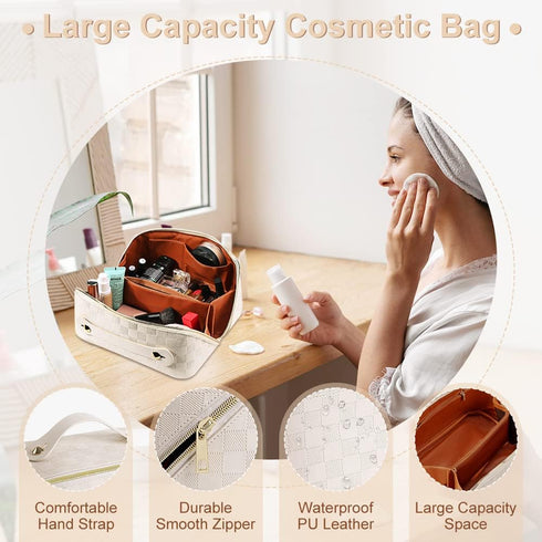 Large Capacity Travel Cosmetic Bag Plaid Checkered Makeup Bag Portable Leather Waterproof Skincare Bag with Handle and Divider for Women...