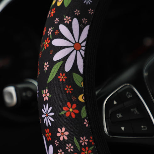 Car Steering Wheel Cover, Universal 15 inch, Soft Elastic and Comfortable, Cute Flowers Steering Wheel Protector, Warm in Winter and Cool in Summe...