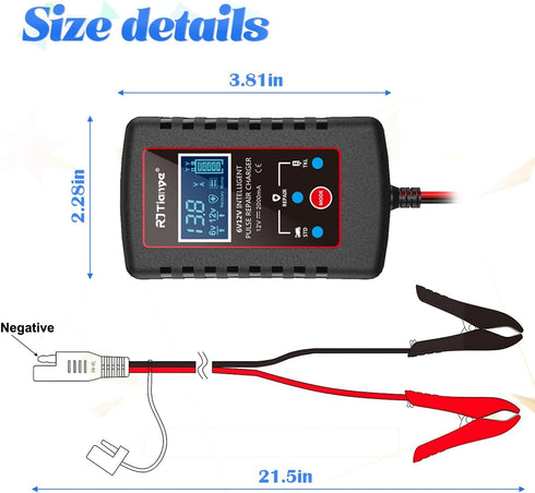 Car Battery Charger, 6V 12V Automatic Smart Trickle Battery Charger, Intelligent Pulse Repair Charger with ASE Adapter Cable, Battery Desulfator f...