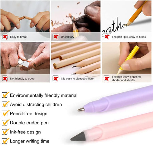 AUAUY 6PCS 2 in 1 Ballpoint Pens and Infinity Pencil, Inkless Pencil, No Sharpening Pencil, Reusable Everlasting Pencil with 6 Replaceable Nib and...