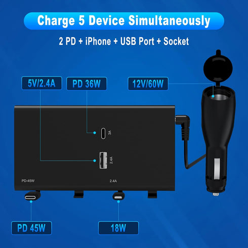 Multi Car Retractable Backseat Car Charger 5 in 1 Car Charging Station Box for iPhone/Samsung, 60W Cigarette Lighter Adapter Uber Taxi Lyft Turo S...