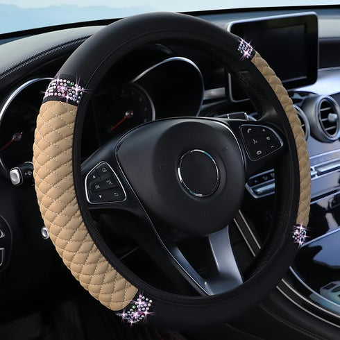 Bling Soft Leather Steering Wheel Cover, Rhinestone Auto Elastic 15 Inch Steering Wheel Protector, Sparkly Crystal Diamond for Women Girls, Car Ac...