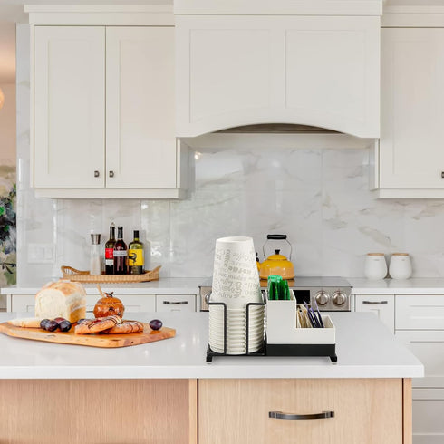 Coffee Station Organizer for Countertop, Disposable Cup Holder with 2 Compartment Storage Box, Paper Cup Storage Organizer (Black)...