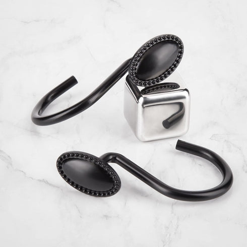 Shower Curtain Hooks, Set of 12, Black, Zinc, Rust Resistant, Decorative, Matte Black, Regular Size, Suitable for Standard Straight or Curved Show...