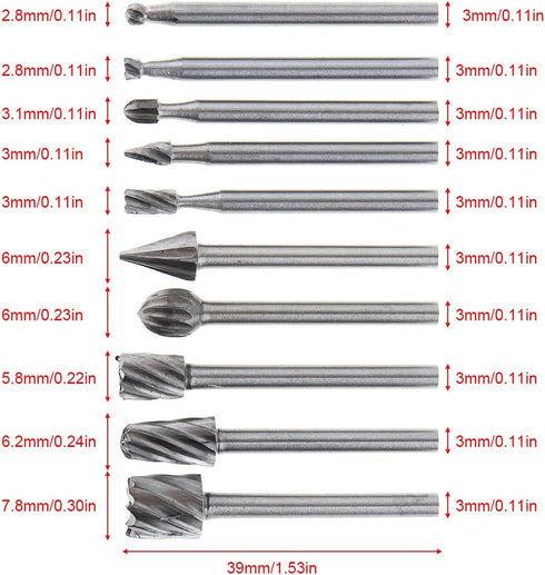10pcs/set DIY Tree Root Carving 3mm Shank High Speed Steel Carpentry Handmade Electric Grinding Head Engraving Milling Cutter Rotary Burr Bit Set...
