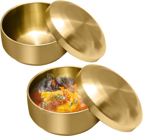 Stainless Steel Rice Bowl with Lid, Set of 2, for Korean Kitchen Restaurant, Double-walled Metal Bowls, Multi-Purpose Insulated Soup Bowls Snacks ...