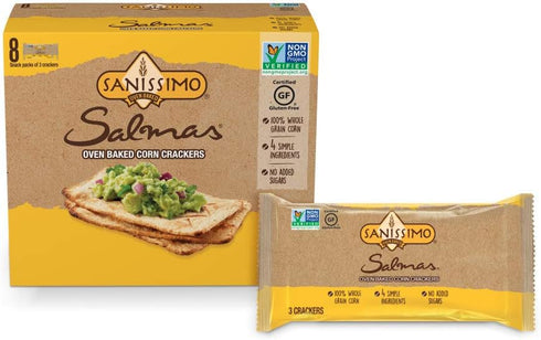 Sanissimo Salmas Oven Baked Corn Crackers, 100% Whole Grain Corn, Gluten Free, Non-GMO Project Verified, 8 Individually Wrapped Snack Packs (3 Cra...