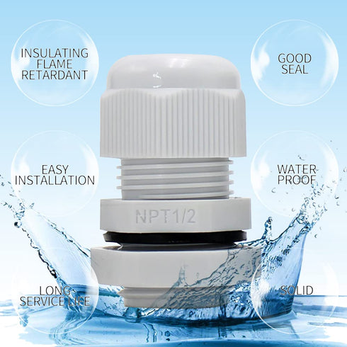 Nylon PA66 Cable Gland Connector,1/2"NPT Waterproof IP68 Cable Glands,Adjustable Locknut,for 6-12mm Outdoor Used in Junction Box (1/2"NPT,White,25...