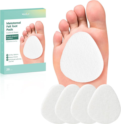 Welnove Metatarsal Foot Pads for Pain Relief - 20 Pieces Ball of Foot Cushion for Women & Men - 1/4" Thick Adhesive Foam Felt Pads, Forefoot and S...