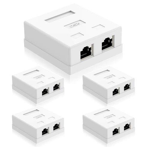 VCELINK RJ45 Surface Mount Box Shielded 2-Port, Compatible with UTP Cat6/Cat5e/Cat5 Stranded or Solid Network Cables, 5-Pack, White...