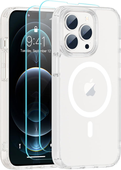 SUPFINE Magnetic for iPhone 12 Pro Max Clear Case (Compatible with MagSafe) (Never Yellow) (Ultra Slim) (2X Tempered Glass Screen Protector) Light...