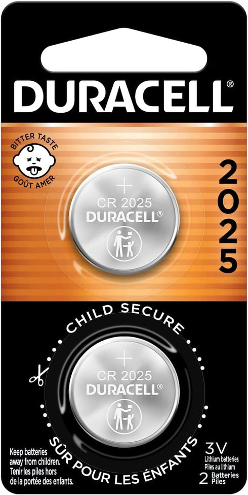 Duracell CR2025 3V Lithium Battery, Child Safety Features, 2 Count Pack, Lithium Coin Battery for Key Fob, Car Remote, Glucose Monitor, CR Lithium...