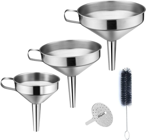 Kitchen Funnel, 3 Piece Stainless Steel Funnels Set with Handle Design and Removable Strainer, Great for Transferring of Liquid, Fluid, Dry Ingred...
