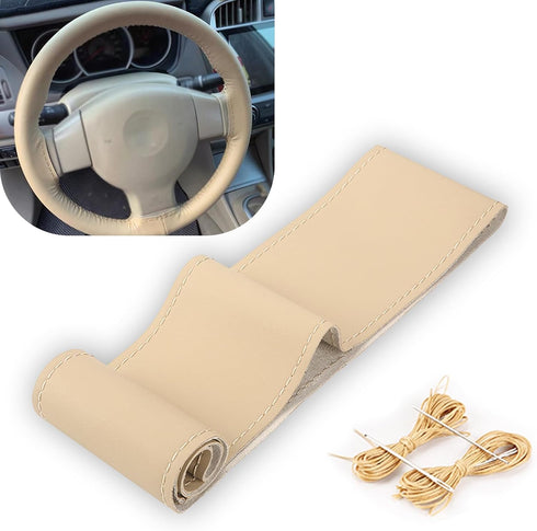 1 PC Car Steering Wheel Cover with 2 PCS Sewing Tool, 14.9In Durable Waterproof Leather Steering Wheel Protector, Universal Breathable Elastic Ste...