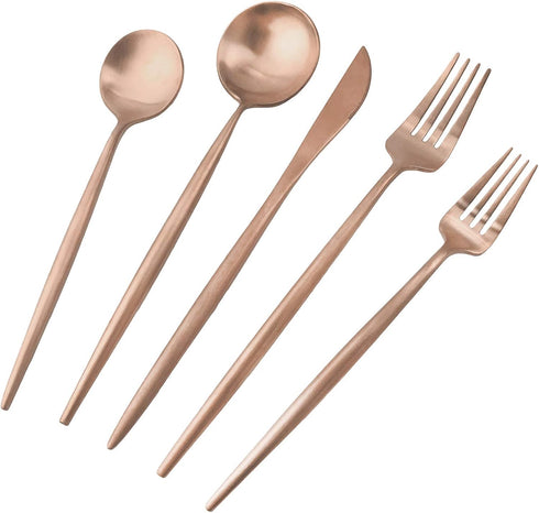 Copper Gold Flatware, Royal 5 Pieces Luxury Matte Finish 18/10 Stainless Steel Tableware Sets for 1 Including Forks Spoons Knives, Camping Silverw...