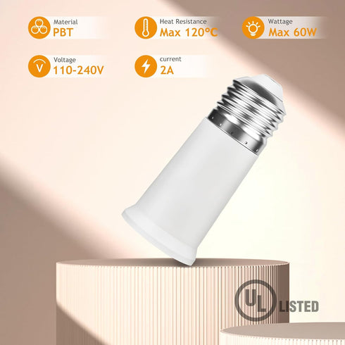2 Pack Light Socket Extender - 6.5CM/2.55 Inch E26 Light Bulb Extension Socket E26 to E26 Standard Medium Base Light Bulb Adapter E26 Socket Exten...
