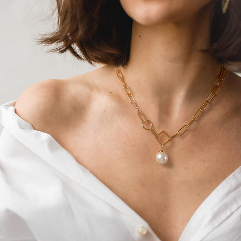 Mesovor Single Pearl Pendant Necklace for Women, 16K Gold Plated Paperclip Chain Necklace...