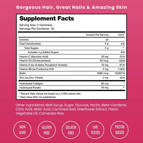Hair Skin & Nails Gummies | Biotin with Collagen & Keratin | 5000mcg Biotin Beauty Complex | Vitamin Supplement | Berry | 120 Count for Women & Me...