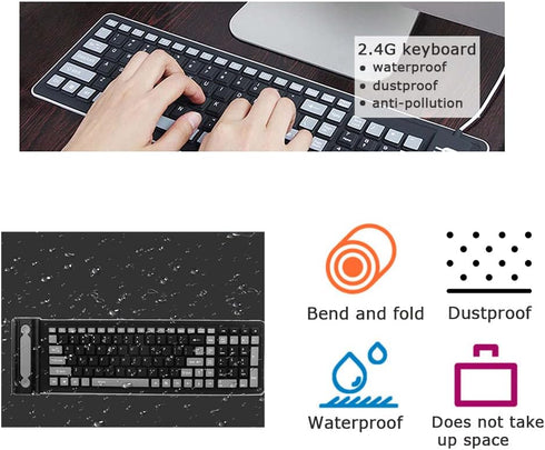 Wireless Silicone Keyboard Foldable Rollup Flexible Keyboard Full Size 107 Keys with Number Pad Waterproof/Dustproof Typing Soft Touch Portable Tr...