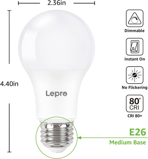 Lepro Dimmable LED Light Bulbs 60 Watt Equivalent, 9.5W 800LM Daylight White 5000K, A19 E26 Standard Medium Base, UL FCC Listed, 15000 Hour Lifeti...