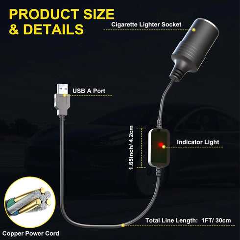 USB A to 12V Adapter, 2-Pack QC3.0 USB A to 12V Cigarette Lighter Adapter Quick Charger Male to 12V Cigarette Lighter Socket Female Cable for Dash...