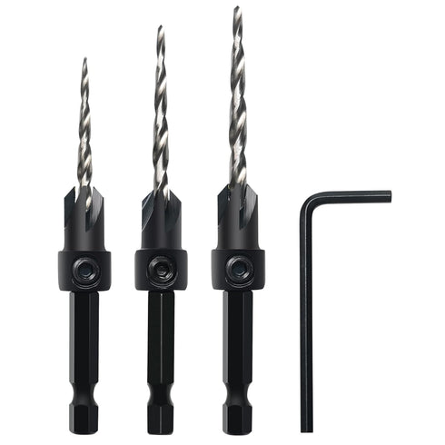 Countersink Drill Bit Set, 3Pcs Tapered Drill Bits M2 HSS, with 1/4" Hex Shank Quick Change and Allen Wrench, Counter Sinker Set for Woodworking a...