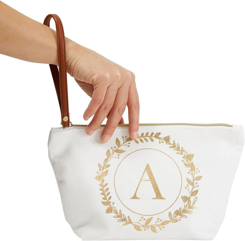 Gold Initial A Personalized Makeup Bag for Women, Monogrammed Canvas Cosmetic Pouch (White, 10 x 3 x 6 In)...