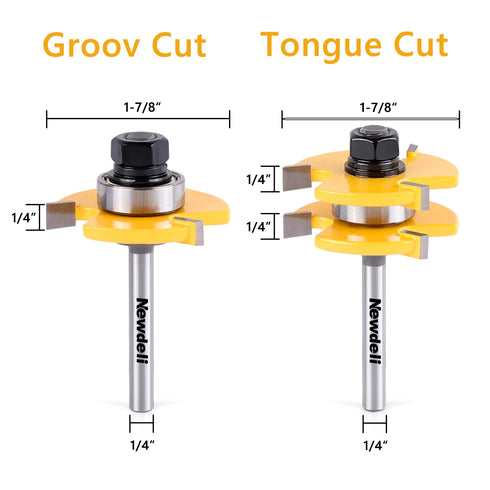 Newdeli Tongue and Groove Router Bit Set 1/4 Inch Shank - 2pcs Router Bits for 3/4" Stock, 1/2" Cutting Depth - T Shape 3 Teeth Wood Milling Cutte...