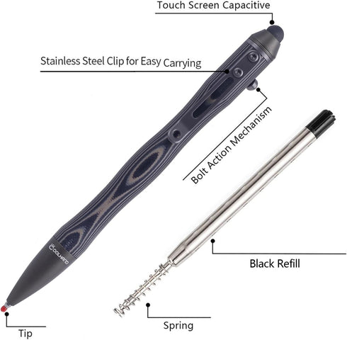 Cool Hand 5.7'' Bolt Action Pens, EDC Ballpoint Ink Refillable, Stylus for Touch Screen, G10 Body w/Pocket Clip, Ergonomic Grip, with a Free Refil...
