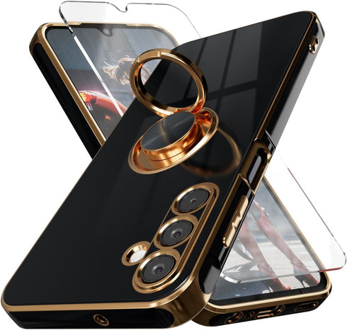 for Galaxy A15 5G Phone Case,+Screen Protector,with Magnetic Kickstand,Built-in 360° Rotation Ring Holder,Plating Gold Edge Slim Soft TPU Shockpro...