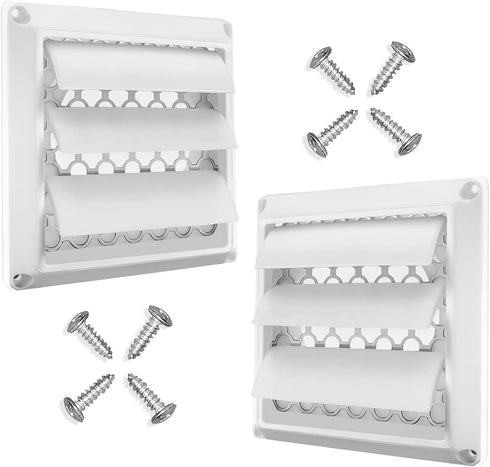 4 Inch White Plastic Louvered Outdoor Vent Cover With Stainless Steel Grille Screen for Dryer, Exhaust Vent cover Widely Used for Dryers and Houses Wall to Keep Rain, Snow, Wind or Birds Pack of 2