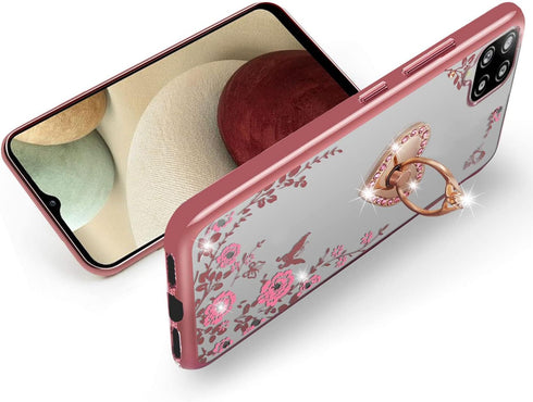 B-wishy for Samsung Galaxy A12 5G Case, Glitter Crystal Butterfly Heart Floral Slim Luxury Bling Diamond Rhinestone Cute Girls TPU Case with Ring ...