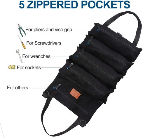 Roll Up Tool Bag, 16OZ Canvas Wrench Roll Up Pouch Multi-Purpose Tool Roll Organize, 5 Zippered Tool Pockets (Black)...
