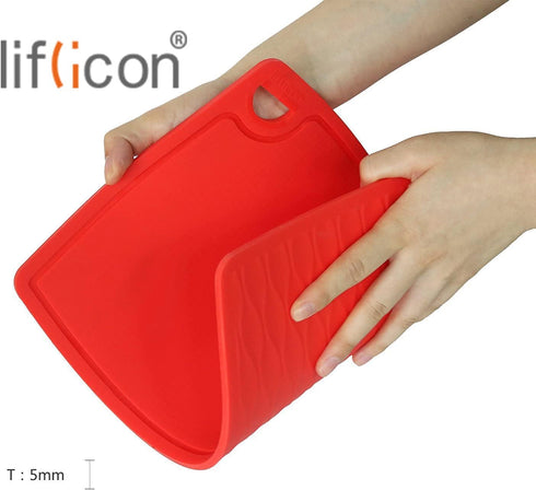 Thick Silicone Cutting Board 12.6'' x 9.1'' Juice Grooves Easy Grip Handle Dishwasher Safe-Red...